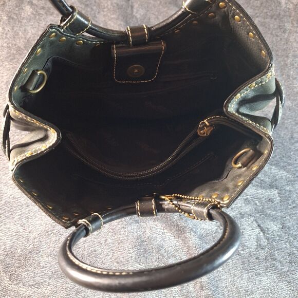 Fossil Round Handle Hand Bag Leather Black Studded Brass Grunge Gothic - Picture 7 of 10